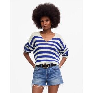 MADEWELL Linen V-Neck Sweater XS Sapphire Stripe Blue White NWT B52